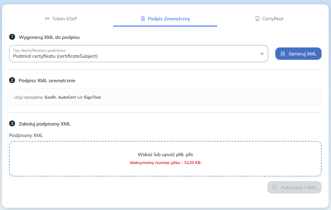 Autoryzacja podpisem zewnętrznym